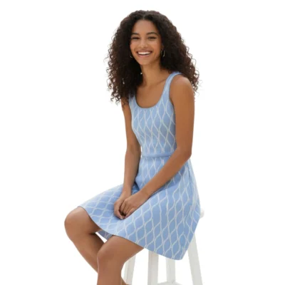 Knit Mini Dress – Blue with White Wave Motif